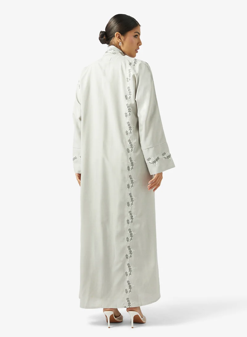 hayas closet Floral Lace Detailed Open Front V Neck Abaya